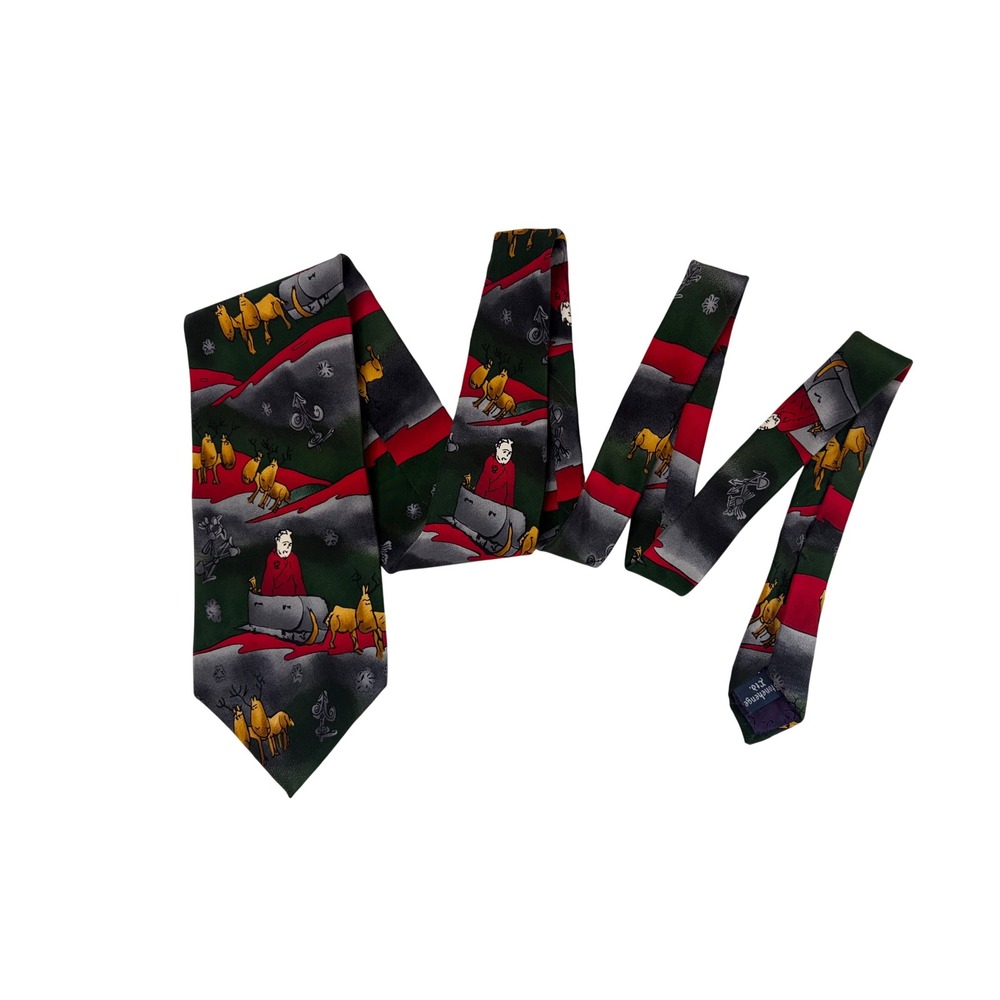 J Garcia Stonehenge Ltd Silk Tie Christmas Reindeer Sleigh Green Red Hand Sewn